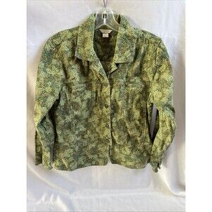 Christopher&Banks Women Denim Jacket Medium Button Up Floral Y2K Cotton Green